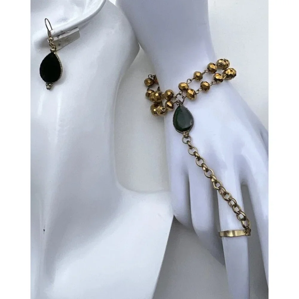 Vintage Green resin earrings bronze resin earrings matching bracelet Sz 7